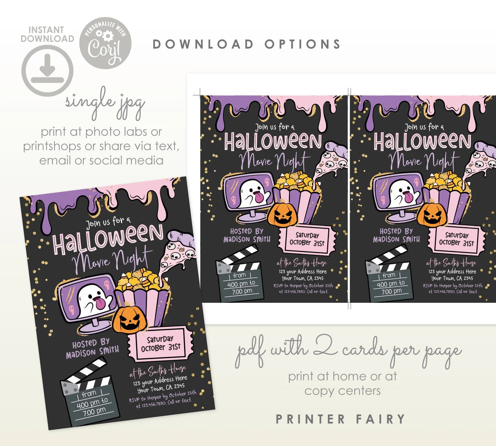 Halloween Movie Night Editable Invitation Template, Instant Download