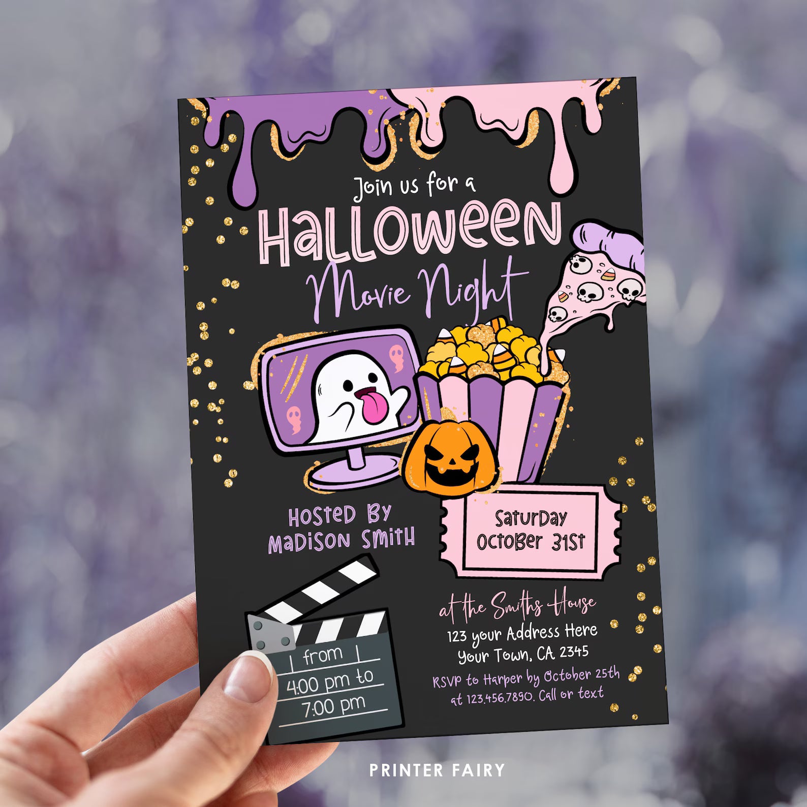 Halloween Movie Night Editable Invitation Template, Instant Download