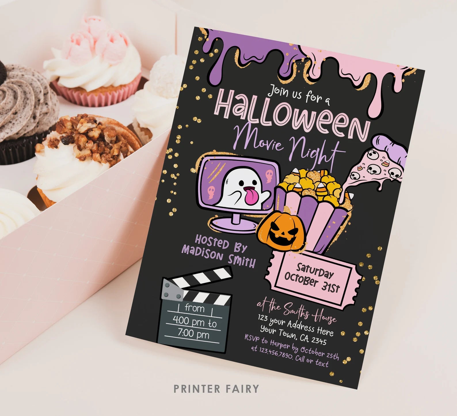 Halloween Movie Night Editable Invitation Template, Instant Download