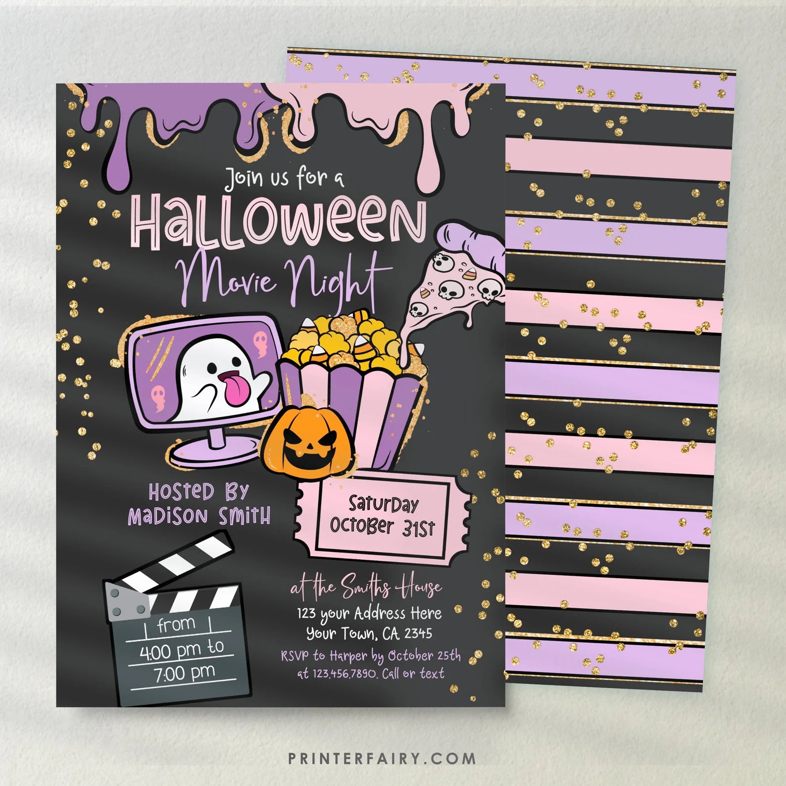 Halloween Movie Night Editable Invitation Template, Instant Download