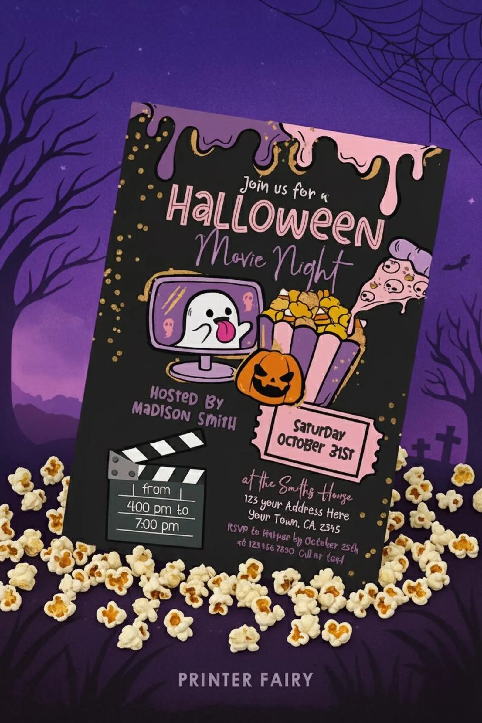 Halloween Movie Night Editable Invitation Template, Instant Download