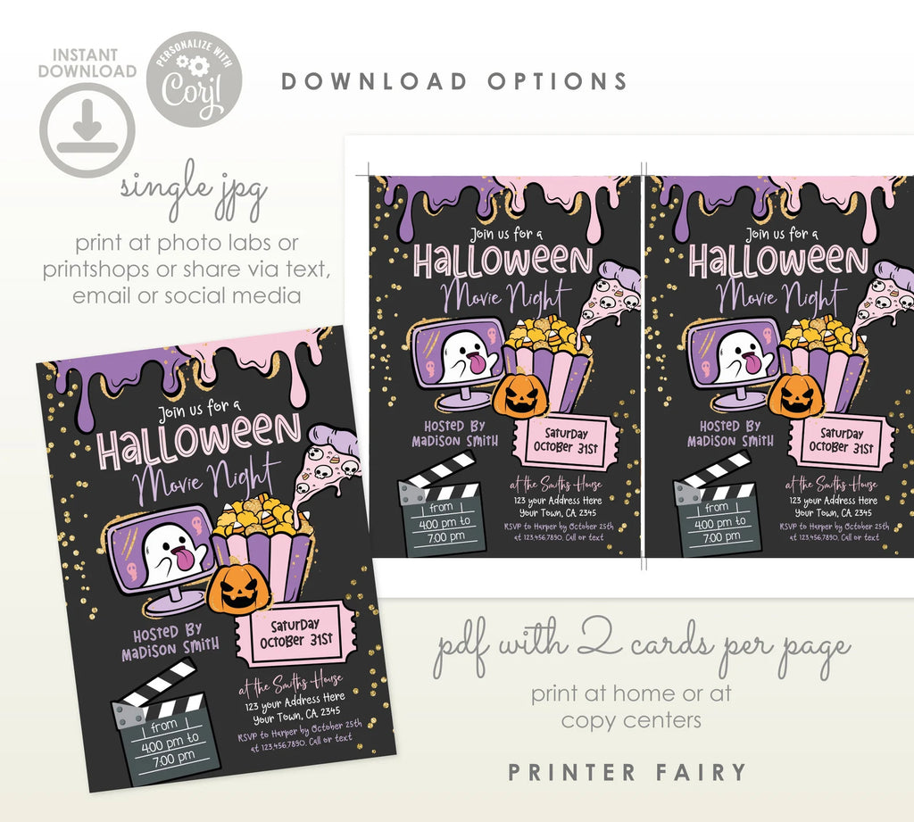 Halloween Movie Night Editable Invitation Template, Instant Download