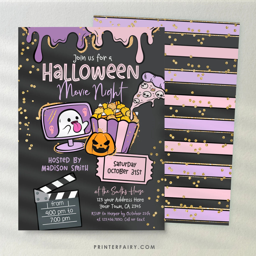 Halloween Movie Night Editable Invitation Template, Instant Download